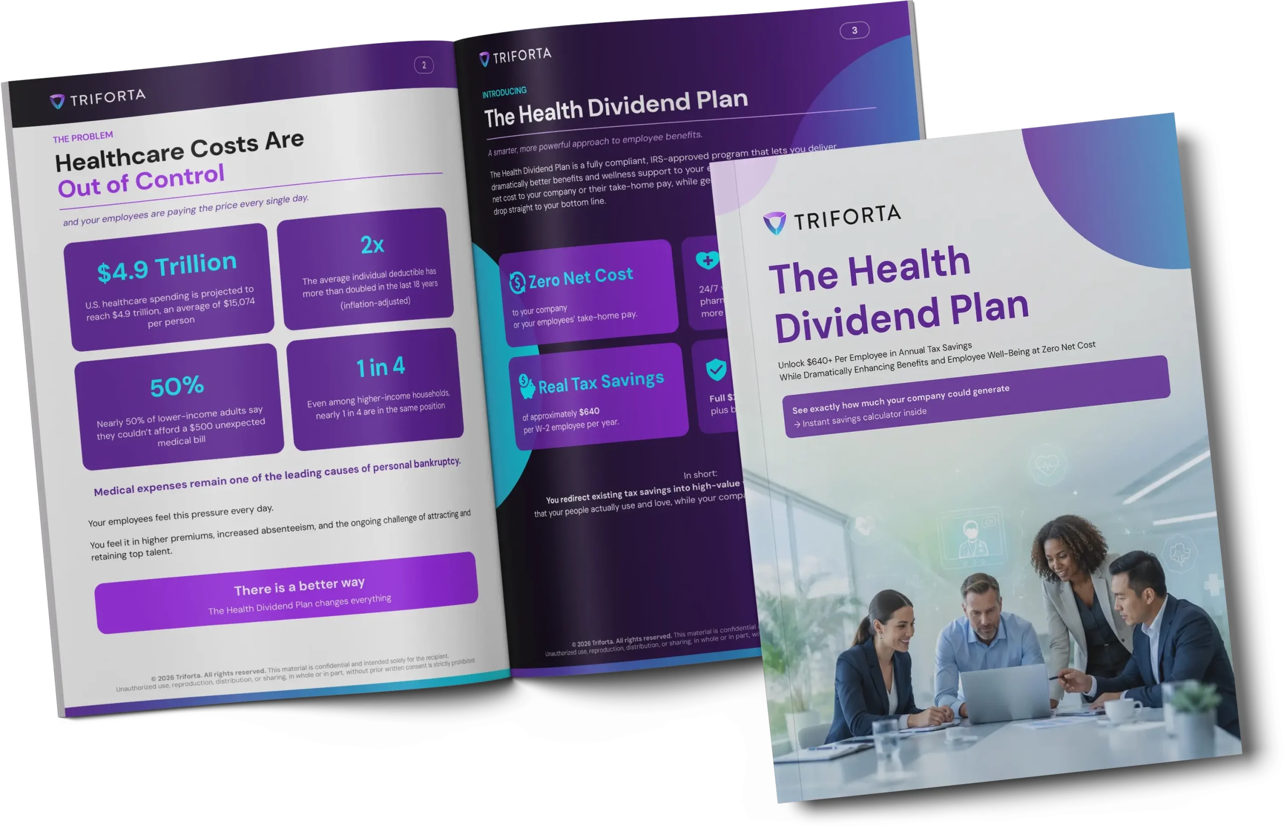 An educational booklet outlining the Health Dividend Plan framework designed to maximize business tax savings. The documentation shows how employers achieve a zero net cost benefits advantage while expanding corporate FICA tax savings and protecting core employee benefits.